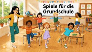 schulkinder und Lehrerin machen im Klassenzimmer ein Bewegungsspiel.