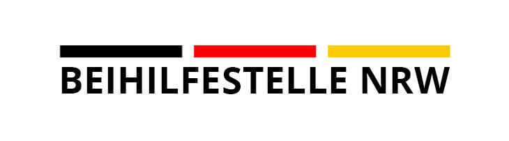 Logo mit drei horizontalen Balken in Schwarz, Rot und Gold. Darunter steht der Text: Beihilfestelle NRW