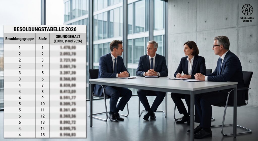 Männer in Anzügen und eine Frau sitzen an Bürotisch. Links im Bild sieht man eine Besoldungstabelle.