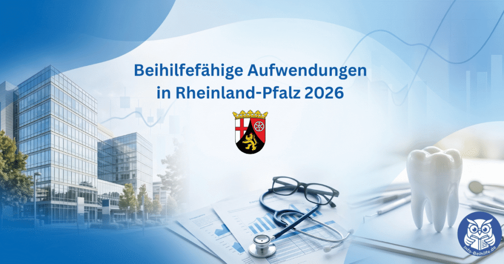 Collage mit Medikamenten, Stetoskop, Klinik, Wappen NRW und dem Text: Eingeschraenkt beihilfefaehige Aufwendungen in Rheinland-Pfalz 2026