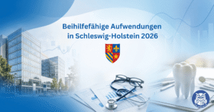 Collage mit Medikamenten, Stetoskop, Klinik, Wappen NRW und dem Text: Eingeschraenkt beihilfefaehige Aufwendungen in Schleswig-Holstein 2026