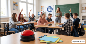 Schüler und Lehrerin der Sekundarstufe spielem im Unterricht.