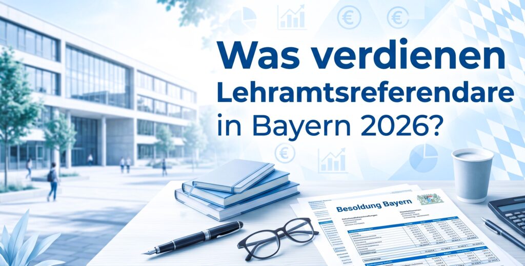 Schukgebäude im Hintergrund, vorne Tisch mit Besoldungspapieren und Text was verdienen Lehramstreferendare in Bayern 2026